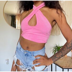 UO Juicy Couture Pink Terry Cloth Halter Crop Top NWT‎ Y2K Size Medium